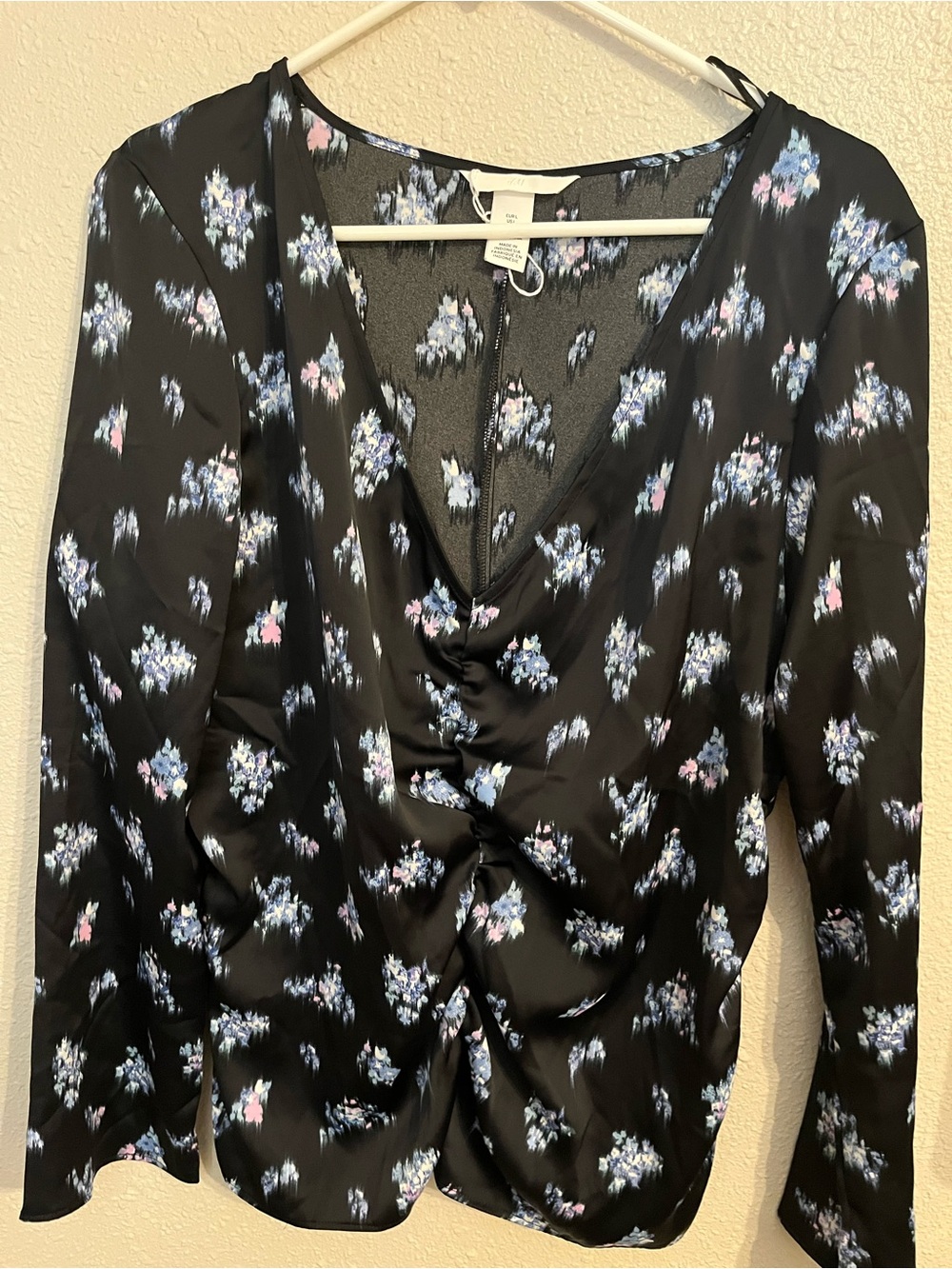 H&M Black Long-Sleeve Floral Twist-Front Dress